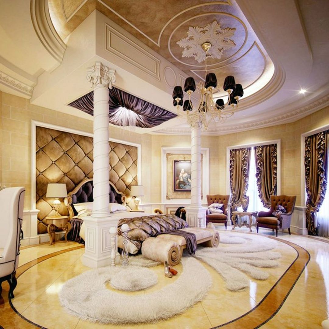 Luxurious Interior Master Bedroom With Marble Floor And Golden Color Schemes