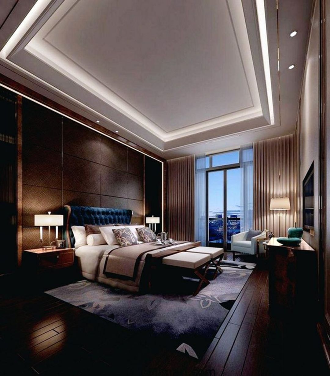 Luxurious Master Bedroom With Dark Interior And Amazing Ceiling Light Design