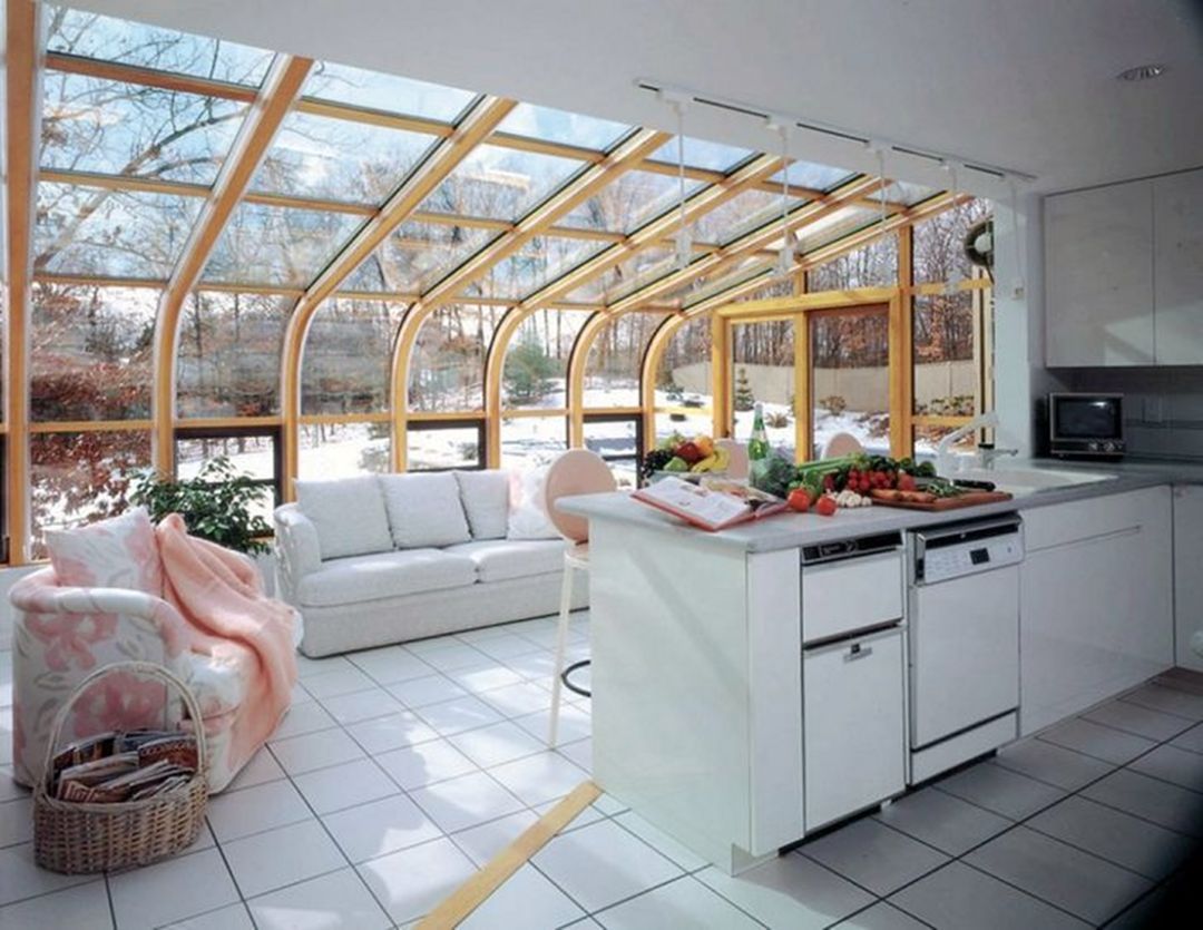 Curved Glass Roof Sunroom Or Solarium With Wood Interior